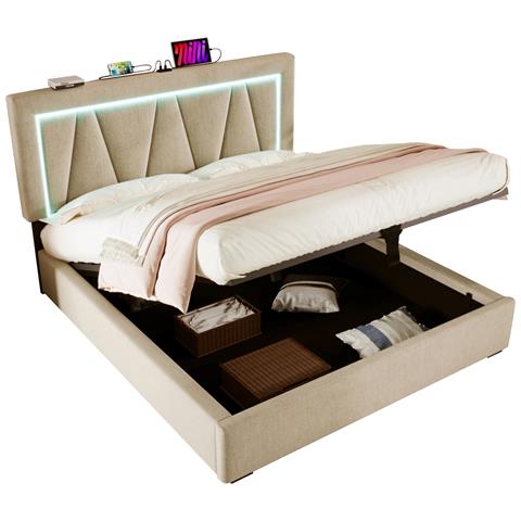 Letto Matrimoniale Con Testiera Regolabile E Illuminazione Led In Lino Beige - Foto 1