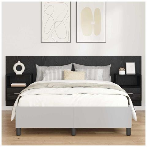 Testata con Comodino 3 pcs Rovere Nero Legno multistrato - Foto 2