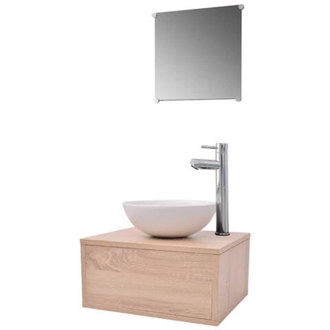 Set Mobili da Bagno 4 pz con Lavabo e Rubinetto Beige - Foto 1