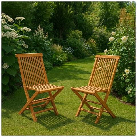 Teck Set Di 2 Sedie Da Giardino Pieghevoli In Teak Oliato - Foto 5