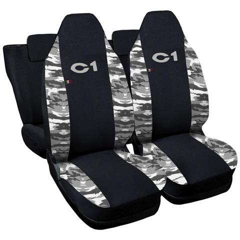 Coprisedili Auto Compatibili Per C1, Made In Italy, Set Di Copri Sedili Anteriori E Posteriori Con Copri Poggiatesta Incluso, Tessuto Poliestere, Colore - Nero \mimetico Chiaro - Foto 1