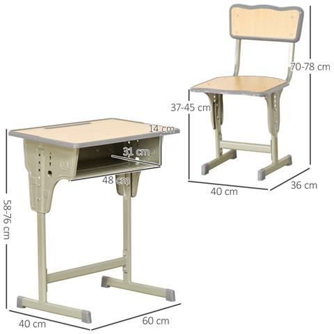 Banco Scuola Con Sedia Per Bambini 6-12 Anni Altezza Regolabile, Vano Contenitore E Portapenne, Acciaio E Mdf, Color Legno - Foto 2