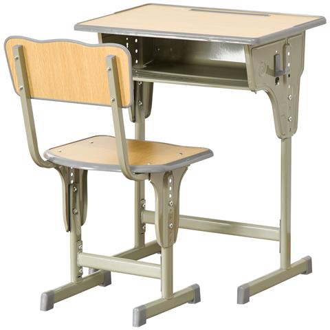 Banco Scuola Con Sedia Per Bambini 6-12 Anni Altezza Regolabile, Vano Contenitore E Portapenne, Acciaio E Mdf, Color Legno - Foto 1