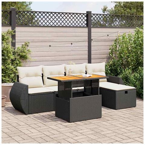 Set Divano Da Giardino 6 Pz Con Cuscini Nero Polyrattan Acacia - Foto 1