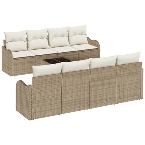 Set di divani da giardino  da 9 pezzi con cuscini beige in polyrattan, Divano da giardino  per 2 persone con cuscini beige in polyrattan - Foto 1