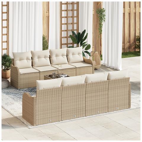 Set di divani da giardino  da 9 pezzi con cuscini beige in polyrattan, Divano da giardino  per 2 persone con cuscini beige in polyrattan - Foto 2