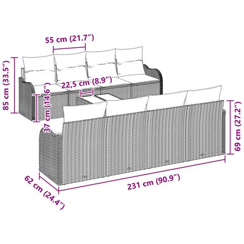 Set di divani da giardino  da 9 pezzi con cuscini beige in polyrattan, Divano da giardino  per 2 persone con cuscini beige in polyrattan - Foto 8