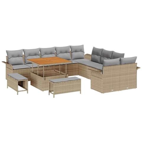 Set divani giardino  13 pezzi con cuscini Beige Polyrattan Acacia, Divano giardino  2 posti con cuscini Beige Polyrattan, Set pranzo giardino  3 pezzi con cuscini Beige Polyrattan Acacia - Foto 1