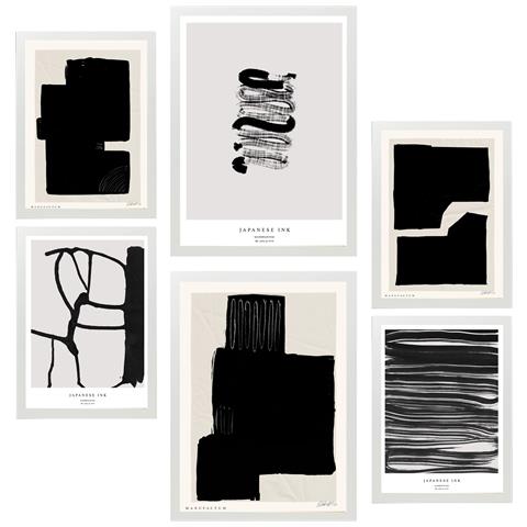 Set Di 6 Stampe Dipinto Decorativo In Inchiostro Giapponese, In Bianco E Nero, Con Cornice E Illustrazioni Di Design Per Le Pareti A3 & A4 Cornice Bianca - Foto 1