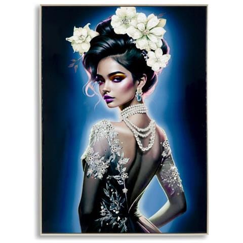 Dipinto Su Tela Isabel B Dama Con Perle E Fiori Bianchi, 72x102 Cm - Foto 1