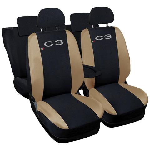 Coprisedili Auto Compatibili Per C3, Made In Italy, Set Di Copri Sedili Anteriori E Posteriori Con Copri Poggiatesta Incluso, Tessuto Poliestere, Colore - Nero \beige - Foto 1