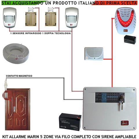 Kit Impianto Antifurto Marin Centrale A 5 Zone 2 Sensori Di Movimento 2 Contatti Magnetici 1 Contatto Magnetico Per In - Foto 1