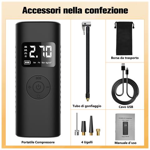 Mini Compressore Aria Portatile Auto 7800mah, 150psi Gonfiatore Bici Elettrico, Auto, Moto, Monopattino, Palloni - Foto 2