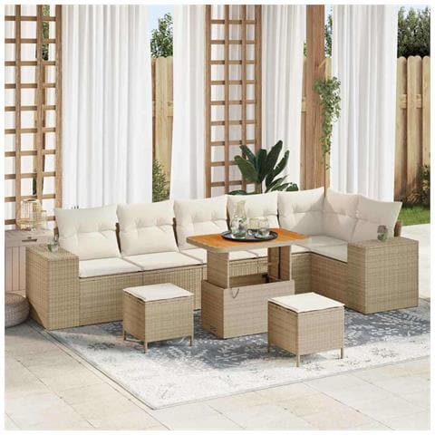 Set di Divani da Giardino  da 9 Pezzi con Cuscini Beige in Rattan Polimerico, Set da Pranzo da Giardino  da 3 Pezzi con Cuscini Beige in Rattan Polimerico - Foto 2