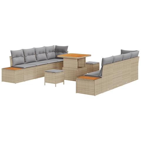 Set di divani giardino da 11 pezzi con cuscini beige in polyrattan e acacia,  Set da pranzo giardino da 3 pezzi con cuscini beige in polyrattan e acacia - Foto 1