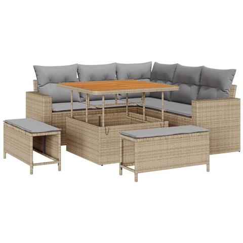 Set Divano Da Giardino 8 Pezzi Con Cuscini Beige Polyrattan Acacia, Set Da Pranzo Da Giardino 3 Pezzi Con Cuscini Beige Polyrattan Acacia - Foto 1