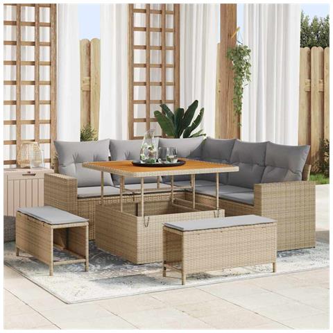 Set Divano Da Giardino 8 Pezzi Con Cuscini Beige Polyrattan Acacia, Set Da Pranzo Da Giardino 3 Pezzi Con Cuscini Beige Polyrattan Acacia - Foto 2