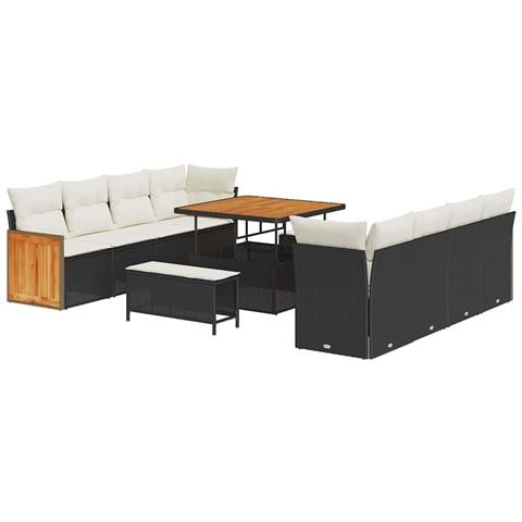 Set Divano da Giardino da 11 Pezzi con Cuscini Rattan Polivinilico Nero e Acacia, Set da Pranzo da Giardino da 3 Pezzi con Cuscini Rattan Polivinilico Nero e Acacia - Foto 1