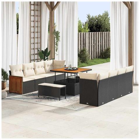 Set Divano da Giardino da 11 Pezzi con Cuscini Rattan Polivinilico Nero e Acacia, Set da Pranzo da Giardino da 3 Pezzi con Cuscini Rattan Polivinilico Nero e Acacia - Foto 2