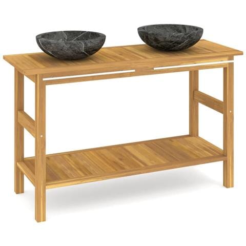 Mobile Vanità Bagno e Lavandini Marmo Nero Legno Massello Teak - Foto 1