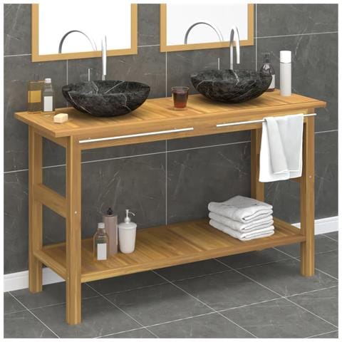 Mobile Vanità Bagno e Lavandini Marmo Nero Legno Massello Teak - Foto 2