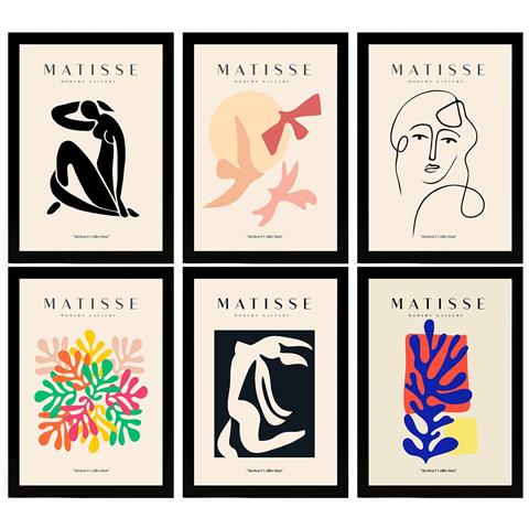 Set Di 6 Stampe Illustrazioni Artistiche Di Henri Matisse, Collezione Di Silhouette Di Dipinti Decorativi Nella Galleria D'arte A3 Cornice Nera - Foto 1
