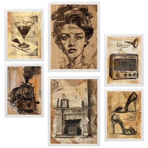 Set Di 6 Stampe Vintage Life Wine Tow Shoes Radio Donna Wine Tow Shoes Radio Donna Illustrazioni Per La Casa A3 & A4 Cornice Bianca - Foto 1