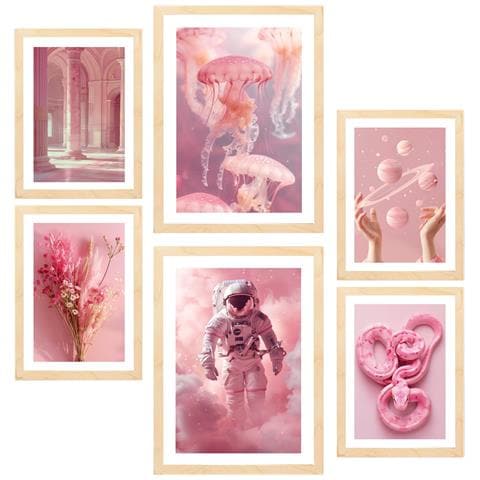 Set Di 6 Stampe Dipinto Decorativo Composizione Rosa Incorniciato Con Illustrazioni Di Design Per La Decorazione Della Parete A3 & A4 Telaio In Legno Chiaro - Foto 1