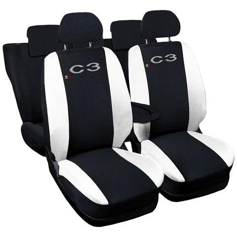 Coprisedili Auto Compatibili Per C3, Made In Italy, Set Di Copri Sedili Anteriori E Posteriori Con Copri Poggiatesta Incluso, Tessuto Poliestere, Colore - Nero \bianco - Foto 1