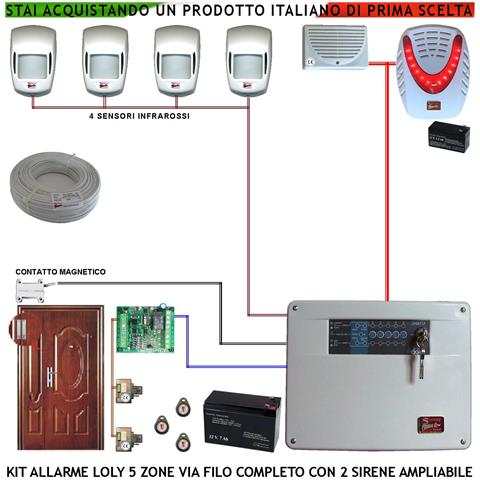 Kit Impianto Antifurto Loly Centrale 5 Zone 4 Sensori Di Movimento Infrarossi Contatto Magnetico Sirena Interna Ed Est - Foto 1