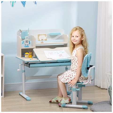 Banco Scuola Con Sedia Per Bambini 3-12 Anni, Altezza Regolabile E Piano Inclinabile, Azzurro - Foto 6