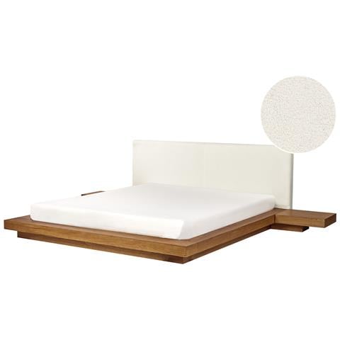 Letto Matrimoniale Legno Chiaro Con Testata In Bouclé 180 X 200 Cm Zen - Foto 2