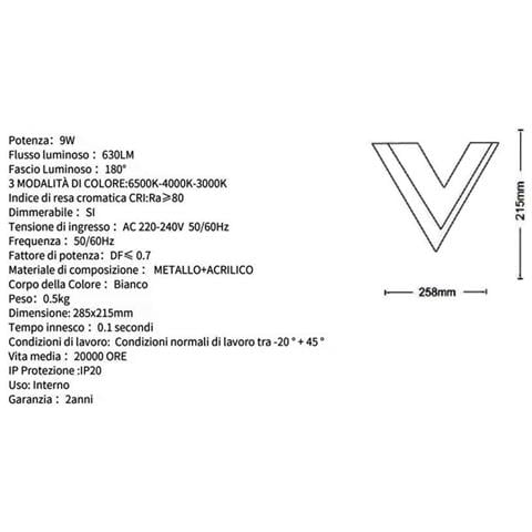 Applique Led Luce Bianca Calda Naturale Lampada A V In Vetro Da Parete 9 W - Foto 6