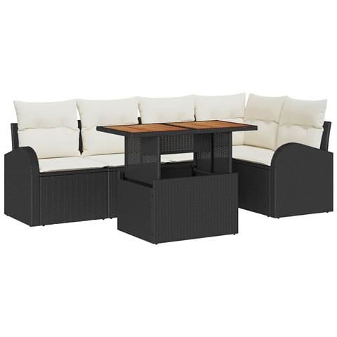 Set da pranzo da giardino di 6 pezzi con cuscini Nero Polyrattan Acacia - Foto 1