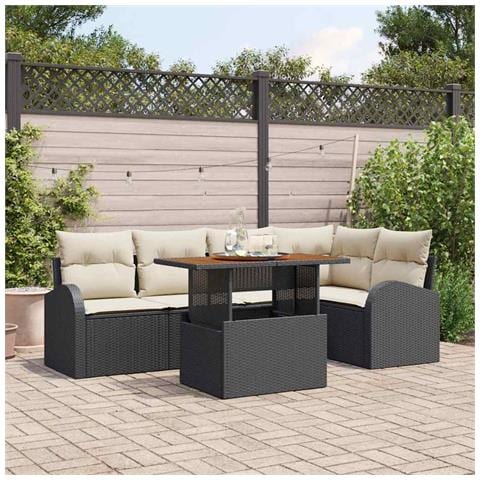 Set da pranzo da giardino di 6 pezzi con cuscini Nero Polyrattan Acacia - Foto 2