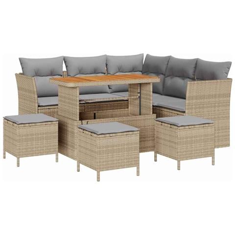 Set di divani da giardino  da 9 pezzi con cuscini Beige Polirattan Acacia, Set da pranzo da giardino  da 4 pezzi con cuscini Beige Polirattan Acacia - Foto 1