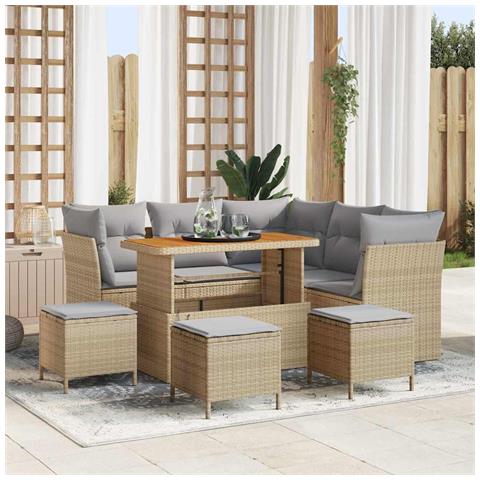 Set di divani da giardino  da 9 pezzi con cuscini Beige Polirattan Acacia, Set da pranzo da giardino  da 4 pezzi con cuscini Beige Polirattan Acacia - Foto 2