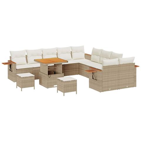 Set Divani Giardino  13 Pezzi con Cuscini Beige Polyrattan Acacia, Set Tavolo Giardino  3 Pezzi con Cuscini Beige Polyrattan Acacia - Foto 1
