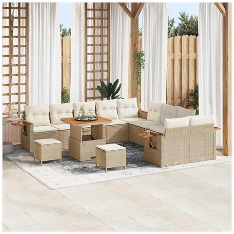 Set Divani Giardino  13 Pezzi con Cuscini Beige Polyrattan Acacia, Set Tavolo Giardino  3 Pezzi con Cuscini Beige Polyrattan Acacia - Foto 2