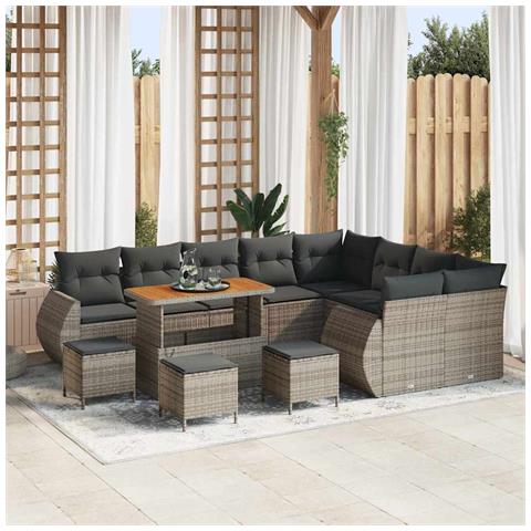 Set Divano da Giardino  da 13 Pezzi con Cuscini Grigio Rattan PE Acacia, Set da Pranzo da Giardino  da 4 Pezzi con Cuscini Grigio Rattan PE Acacia - Foto 2