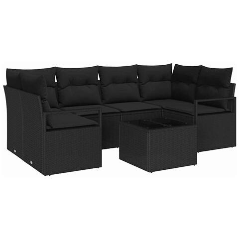 Set Divano Giardino 7 Pezzi con Cuscini Nero Polyrattan, Divano Giardino 2 Posti con Cuscini Nero Polyrattan - Foto 1