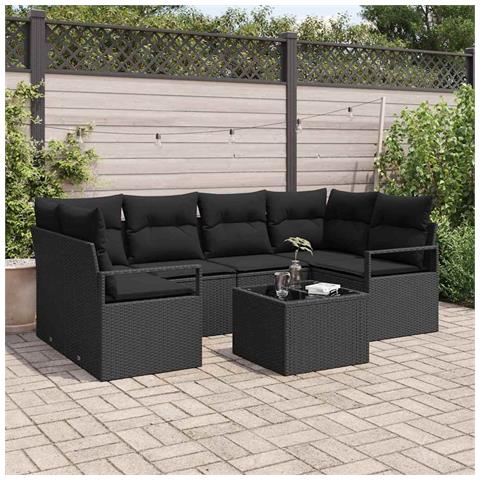 Set Divano Giardino 7 Pezzi con Cuscini Nero Polyrattan, Divano Giardino 2 Posti con Cuscini Nero Polyrattan - Foto 2