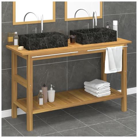 Mobile Vanità Bagno e Lavandini Marmo Nero Legno Massello Teak - Foto 2