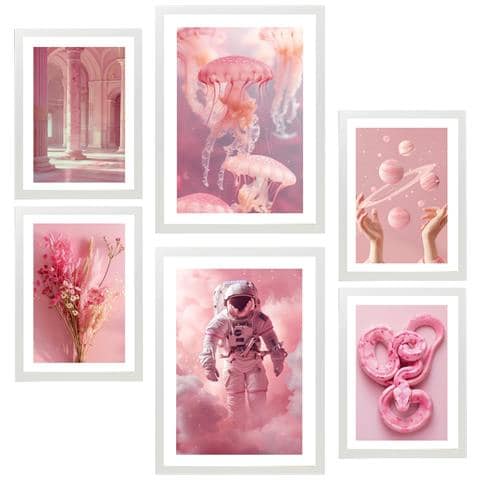 Set Di 6 Stampe Dipinto Decorativo Composizione Rosa Incorniciato Con Illustrazioni Di Design Per La Decorazione Della Parete A3 & A4 Cornice Bianca - Foto 1