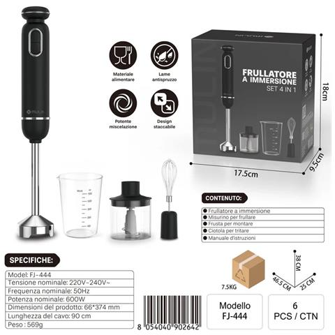 Mixer a Immersione 600W - Set 4 in 1 con Tritatutto, Frusta e Bicchiere - Nero - Foto 2