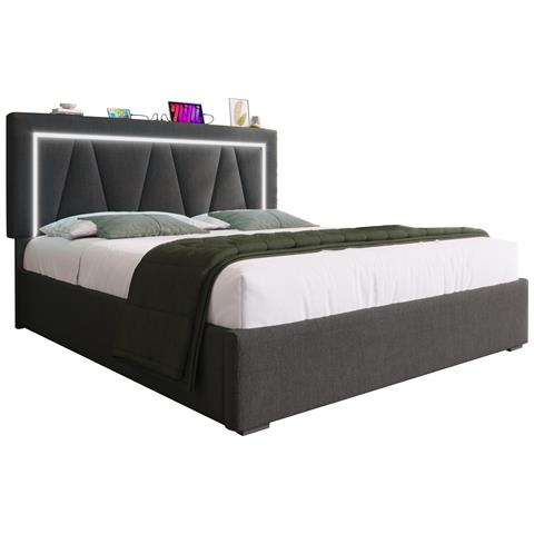 Letto Matrimoniale Con Testiera Regolabile E Led In Lino Grigio Moderno - Foto 1