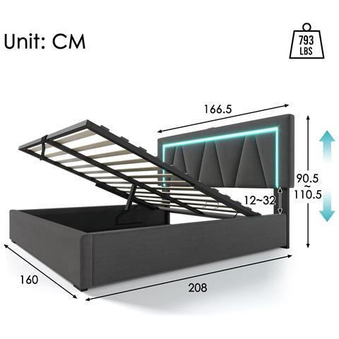 Letto Matrimoniale Con Testiera Regolabile E Led In Lino Grigio Moderno - Foto 2