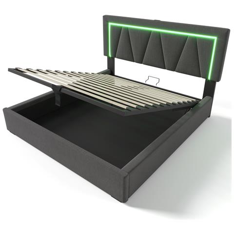 Letto Matrimoniale Con Testiera Regolabile E Led In Lino Grigio Moderno - Foto 3