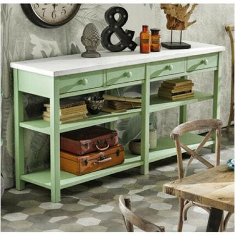Bancone 4 Cassetti 2 Ripiani Shabby Verde In Legno Massello - Foto 1