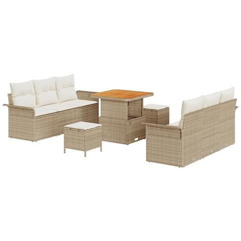 Set di divani da giardino  da 9 pezzi con cuscini Beige Polyrattan Acacia, Divano da giardino  per 2 persone con cuscini Beige Polyrattan, Set da pranzo da giardino  da 3 pezzi con cuscini Beige Polyrattan Acacia - Foto 1
